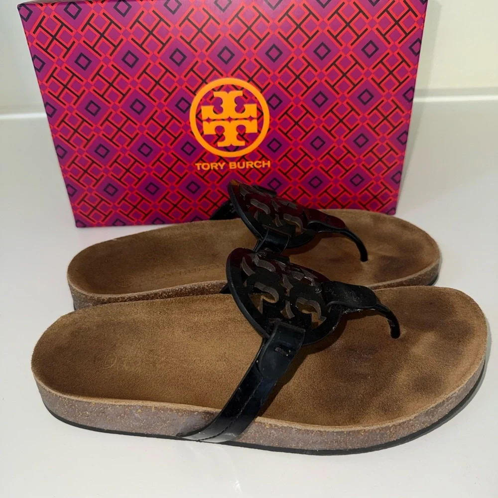 Tory Burch Women's Miller Cloud Sandals Black Patent Leather Natural Size 8